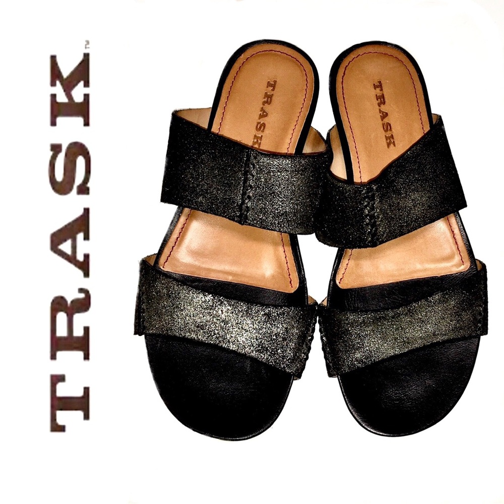 TRASK black gold metallic leather slides sandals
